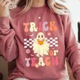 Groovy Teacher Halloween Retro Trick Or Teach Floral Ghost Comfort Colors Sweatshirt Crimson