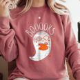 Halloween Cute Ghost Book Reading Teacher Comfort Colors Sweatshirt Crimson