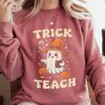 Halloween Teacher Shirts Women School Trick Or Teach Groovy Comfort Colors Sweatshirt Crimson