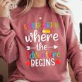 Kindergarten Where The Adventure Begins Shirt Children's Teacher Comfort Colors Sweatshirt Crimson Kindergarten Where The Adventure Begins Shirt Children's Teacher Comfort Colors Sweatshirt Crimson