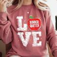 LOVE Kindergarten Teacher Student School Apple Comfort Colors Sweatshirt Crimson