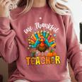 One Thankful Teacher Thanksgiving Turkey Cute Crayon Pencil Comfort Colors Sweatshirt Crimson