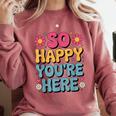 So Happy You’Re Here Groovy Retro Positivity Women Teacher Comfort Colors Sweatshirt Crimson So Happy You’Re Here Groovy Retro Positivity Women Teacher Comfort Colors Sweatshirt Crimson