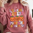 I Teach The Cutest Pumpkins Halloween Fall Teacher Women Comfort Colors Sweatshirt Crimson