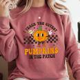 I Teach The Cutest Pumpkins In The Patch Groovy Teacher Fall Comfort Colors Sweatshirt Crimson