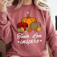 Teach Love Inspire Autumn Fall Plaid Leopard Pumpkin Teacher For Men Women Kids Comfort Colors Sweatshirt Crimson