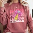 Teacher Pencil Back To School Groovy Pink Teacher First Day Comfort Colors Sweatshirt Crimson