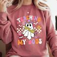 Teaching My Boos Ghost Teacher Cute Groovy Halloween Teacher Comfort Colors Sweatshirt Crimson