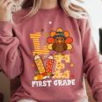 Thanksgiving Love First Grade Teacher Turkey Autumn Fall For Men Women Girls Kids Comfort Colors Sweatshirt Crimson