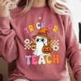 Trick Or Teach Cute Ghost Coffee Pumpkins Halloween Teacher Comfort Colors Sweatshirt Crimson