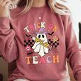 Trick Or Teach Groovy Teacher Halloween Retro Floral Ghost Comfort Colors Sweatshirt Crimson