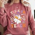 Trick Or Teach Groovy Teacher Halloween Retro Ghost Comfort Colors Sweatshirt Crimson