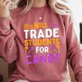 Will Trade Students For Candy Cute Halloween Costume Teacher For Men Women Kids Comfort Colors Sweatshirt Crimson Will Trade Students For Candy Cute Halloween Costume Teacher For Men Women Kids Comfort Colors Sweatshirt Crimson