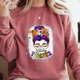 Witchy Teacher Halloween Messy Bun Teacher Bleached Comfort Colors Sweatshirt Crimson