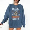 Creepin It Real Kindergarten Monsters Halloween Teacher Comfort Colors Sweatshirt Denim Creepin It Real Kindergarten Monsters Halloween Teacher Comfort Colors Sweatshirt Denim