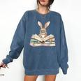 Cute Reading Bunny Glasses Books Bookworm Reader Teacher Comfort Colors Sweatshirt Denim