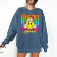 Field Trip Squad Groovy Field Day Smile Face Teacher Tie Dye Comfort Colors Sweatshirt Denim