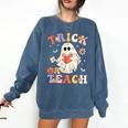 Groovy Halloween Trick Or Teach Retro Floral Ghost Teacher Comfort Colors Sweatshirt Denim
