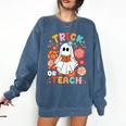 Groovy Halloween Trick Or Teach Retro Floral Ghost Teacher For Men Women Kids Comfort Colors Sweatshirt Denim Groovy Halloween Trick Or Teach Retro Floral Ghost Teacher For Men Women Kids Comfort Colors Sweatshirt Denim