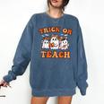 Halloween Teacher Ghosts Trick Or Teach Retro Costume Women Comfort Colors Sweatshirt Denim Halloween Teacher Ghosts Trick Or Teach Retro Costume Women Comfort Colors Sweatshirt Denim