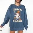 Halloween Teacher Shirts Women School Trick Or Teach Groovy Comfort Colors Sweatshirt Denim