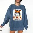 One Thankful Teacher's Aide Messy Bun Thanksgiving Fall Comfort Colors Sweatshirt Denim