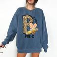 P Is For Pre K Teacher Leopard First Day Of School For Men Women Girls Kids Comfort Colors Sweatshirt Denim