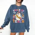 Retro Floral Ghost Trick Or Teach Groovy Teacher Halloween Comfort Colors Sweatshirt Denim Retro Floral Ghost Trick Or Teach Groovy Teacher Halloween Comfort Colors Sweatshirt Denim