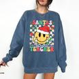 Santas Favorite Teacher Retro Groovy Smile Face Christmas Comfort Colors Sweatshirt Denim Santas Favorite Teacher Retro Groovy Smile Face Christmas Comfort Colors Sweatshirt Denim