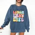Soul Bleach Teacher Staff First Day Of School Last Hugs & High Fives Lunch Lady Vibes Blue Classic Fit Comfort Colors Sweatshirt Denim