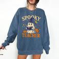 Spooky Teacher Halloween Cute Ghost Pumpkin Reading Women Comfort Colors Sweatshirt Denim