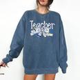 Teacher Blue Chinoiserie Coquette Bow Heart Teacher Life Comfort Colors Sweatshirt Denim