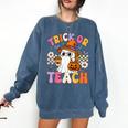 Trick Or Teach Cute Ghost Coffee Pumpkins Halloween Teacher Comfort Colors Sweatshirt Denim