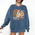 Trick Or Teach Groovy Teacher Halloween Floral Ghost Comfort Colors Sweatshirt Denim