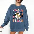 Trick Or Teach Groovy Teacher Halloween Retro Floral Ghost Comfort Colors Sweatshirt Denim