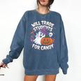 Will Trade Students For Candy Halloween Teacher Comfort Colors Sweatshirt Denim