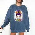 Witchy Teacher Halloween Messy Bun Teacher Bleached Comfort Colors Sweatshirt Denim