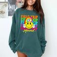 Field Trip Squad Groovy Field Day Smile Face Teacher Tie Dye Comfort Colors Sweatshirt Blue Spruce
