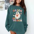 Groovy Halloween Trick Or Teach Retro Floral Ghost Teacher Comfort Colors Sweatshirt Blue Spruce