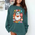 Groovy Halloween Trick Or Teach Retro Floral Ghost Teacher For Men Women Kids Comfort Colors Sweatshirt Blue Spruce Groovy Halloween Trick Or Teach Retro Floral Ghost Teacher For Men Women Kids Comfort Colors Sweatshirt Blue Spruce