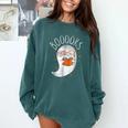 Halloween Cute Ghost Book Reading Teacher Comfort Colors Sweatshirt Blue Spruce