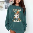 Halloween Teacher Shirts Women School Trick Or Teach Groovy Comfort Colors Sweatshirt Blue Spruce