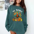 One Thankful Teacher Thanksgiving Turkey Cute Crayon Pencil Comfort Colors Sweatshirt Blue Spruce