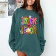 Retro Trick Or Teach Leopard Ghost Halloween Spooky Teacher Comfort Colors Sweatshirt Blue Spruce