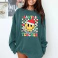 Santas Favorite Teacher Retro Groovy Smile Face Christmas Comfort Colors Sweatshirt Blue Spruce Santas Favorite Teacher Retro Groovy Smile Face Christmas Comfort Colors Sweatshirt Blue Spruce