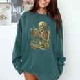Skeleton Book Floral Skull Halloween Teacher Costume Comfort Colors Sweatshirt Blue Spruce