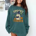 Spooky Teacher Halloween Cute Ghost Pumpkin Reading Women Comfort Colors Sweatshirt Blue Spruce