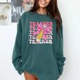 Teacher Pencil Back To School Groovy Pink Teacher First Day Comfort Colors Sweatshirt Blue Spruce