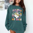 Teaching My Boos Ghost Teacher Cute Groovy Halloween Teacher Comfort Colors Sweatshirt Blue Spruce