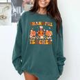 Thankful Teacher Retro Groovy Thanksgiving Fall Women Men Comfort Colors Sweatshirt Blue Spruce